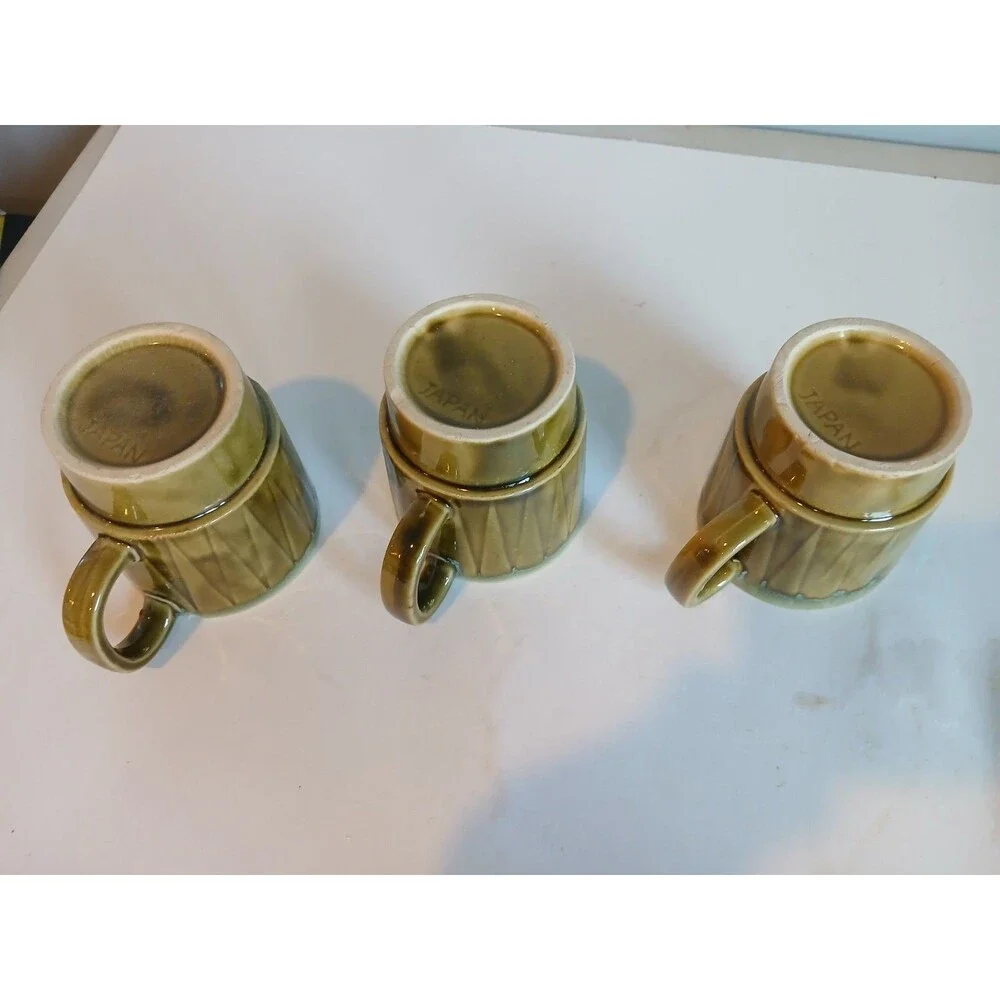3 Vintage Retro stackable Made in Japan mug cup green drip 8 ounces